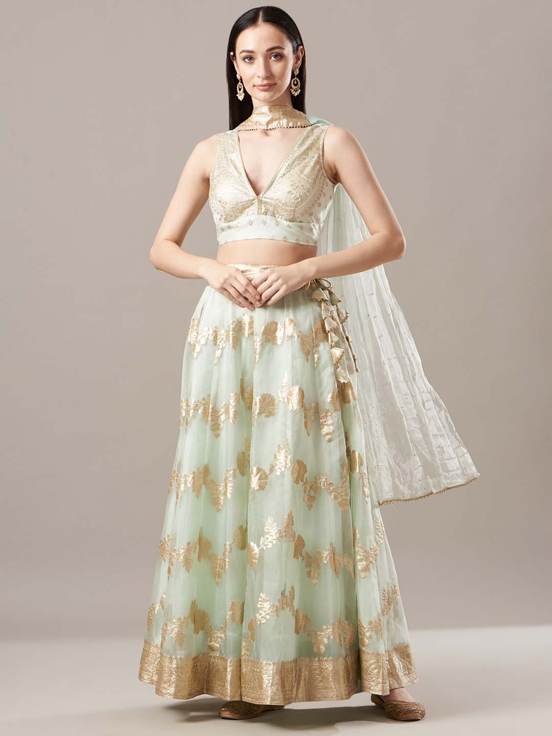 

Geroo Jaipur Banarasi Lehenga Set With Mukaish Dupatta, Sea green