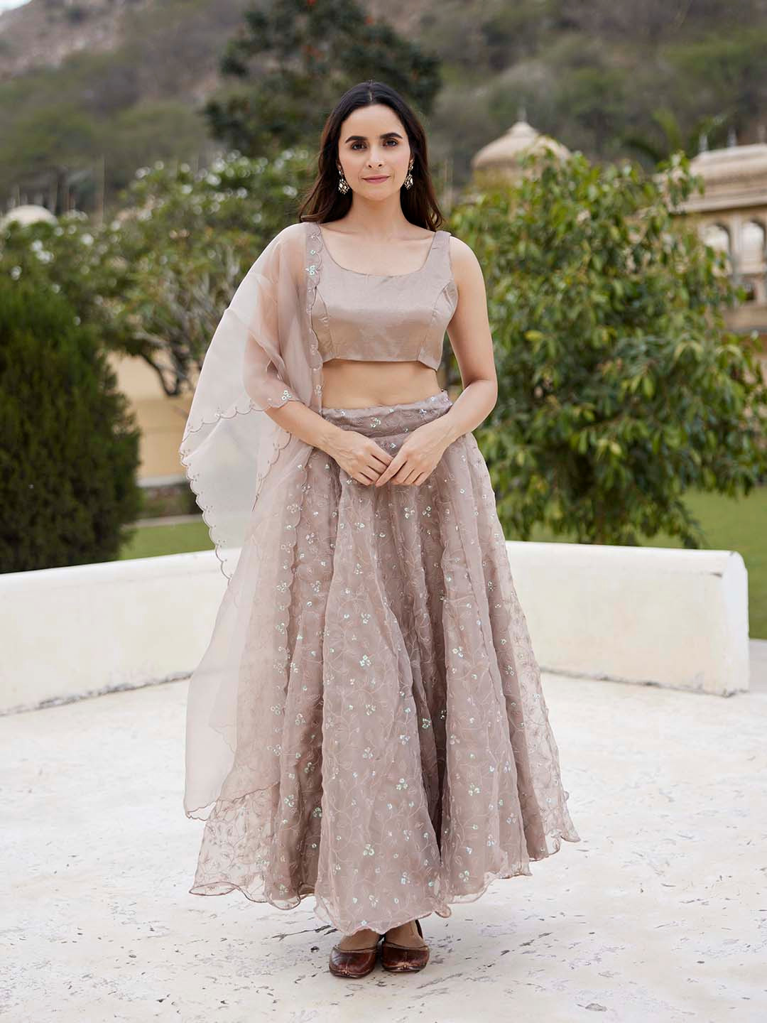 

Geroo Jaipur Handcrafted Sequins Embroidery Organza Lehenga Set, Brown