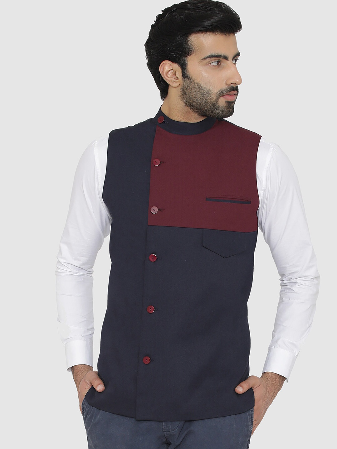 

Raas Men Colourblocked Nehru Jacket, Blue