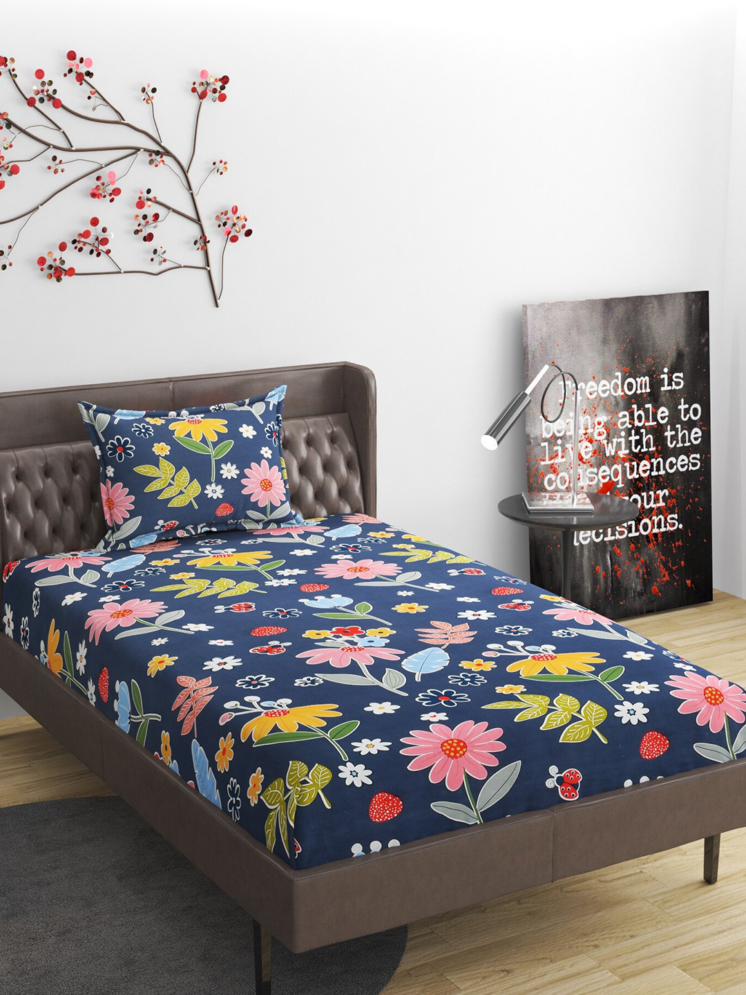 

Molly & Michel Grey & Pink Floral 210 TC Single Bedsheet with 1 Pillow Cover