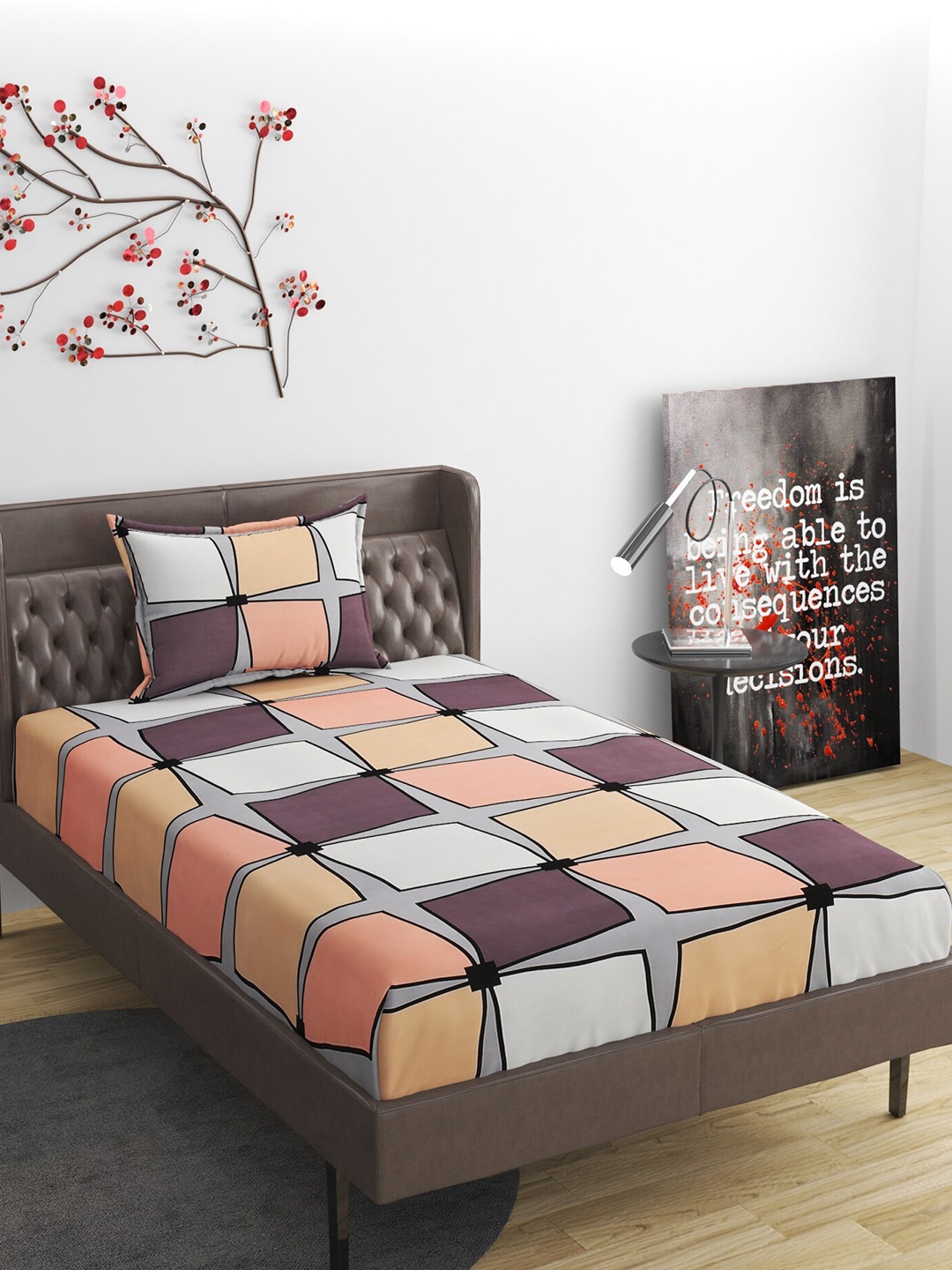 

Molly & Michel White & Pink Geometric 210 TC Single Bedsheet with 1 Pillow Covers