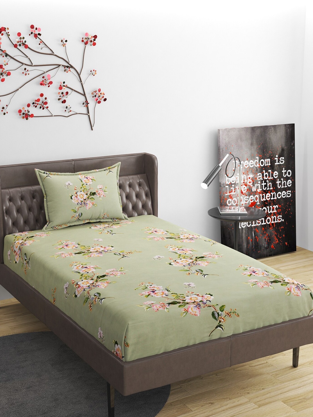 

Molly & Michel Green & Orange Floral 210 TC Single Bedsheet with 1 Pillow Covers