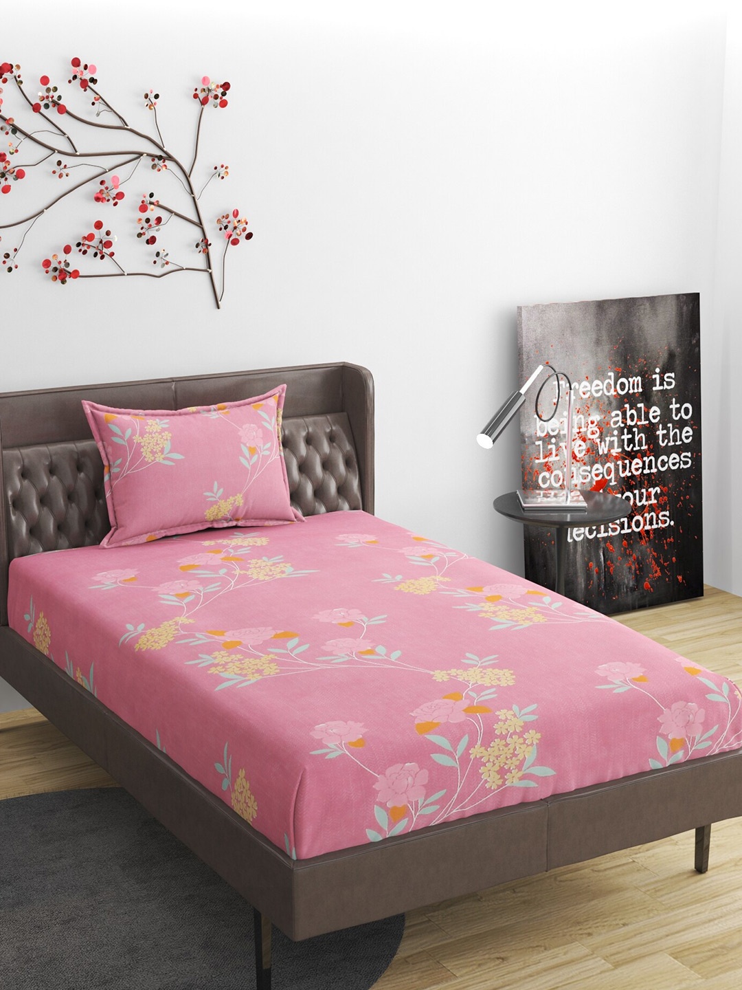 

Molly & Michel Pink & Blue Floral 210 TC Single Bedsheet with 1 Pillow Covers