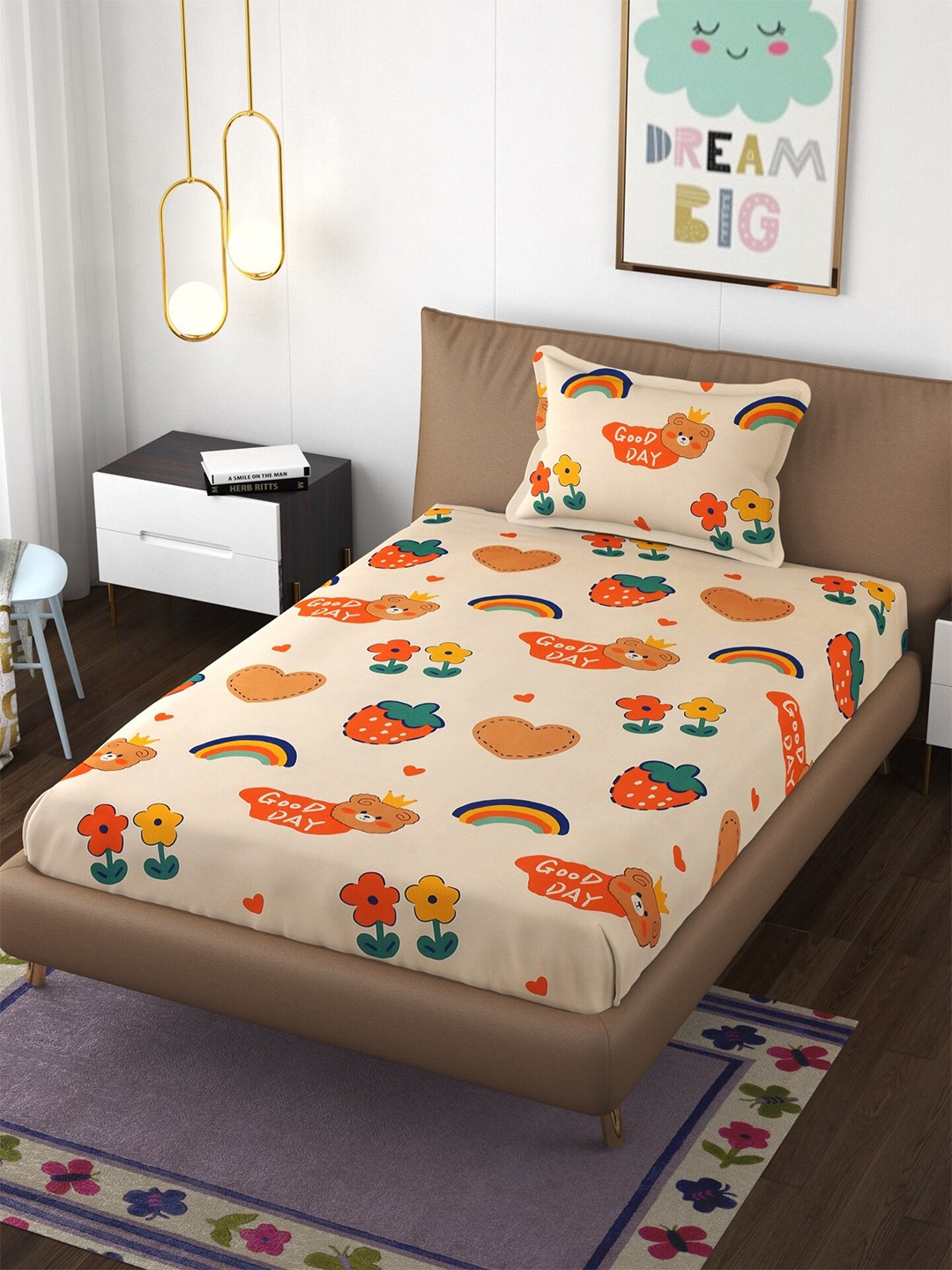 

Molly & Michel Cream-Coloured & Green Graphic 210 TC Single Bedsheet with 1 Pillow Covers