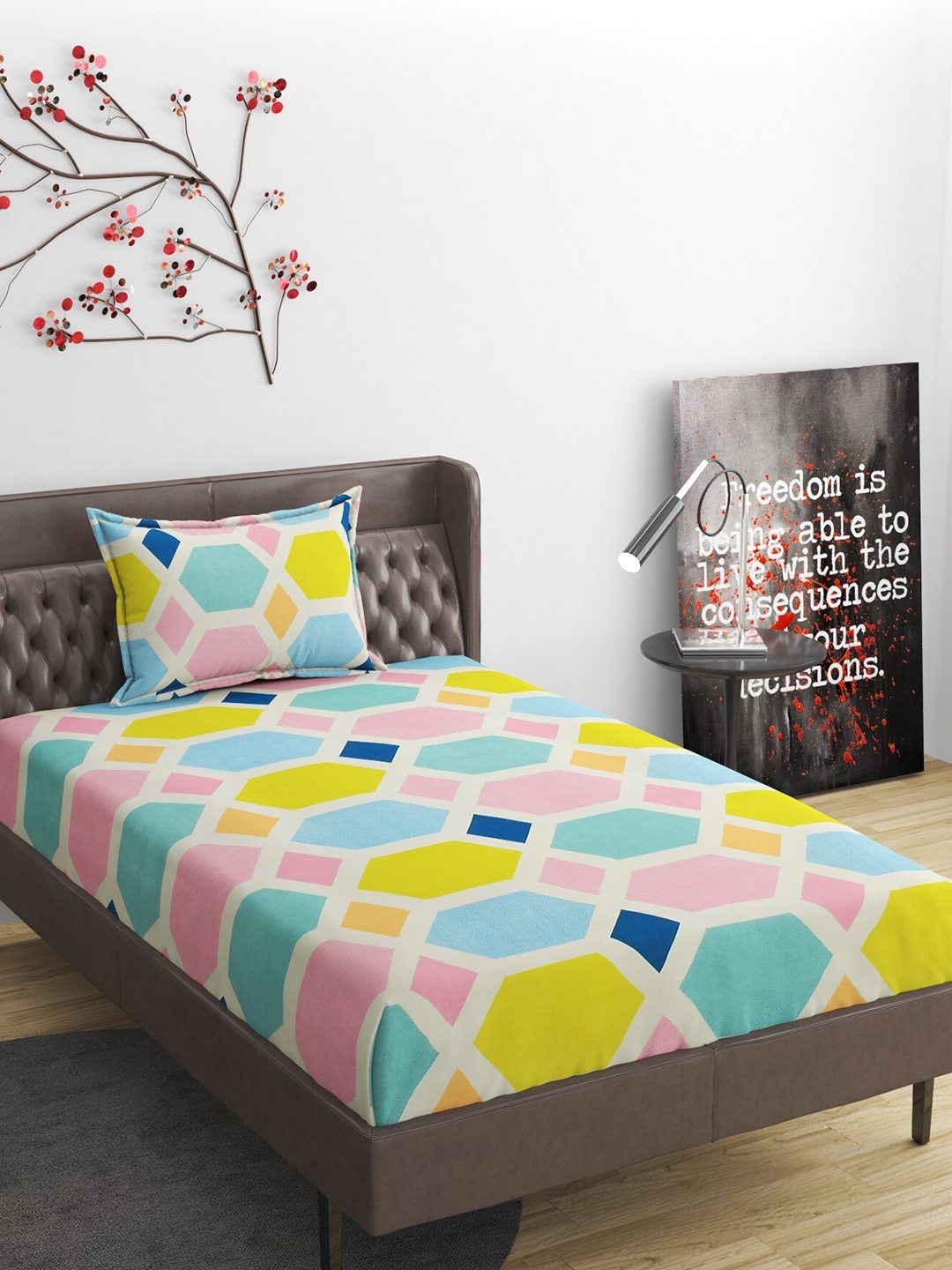 

Molly & Michel Pink & White Geometric 210 TC Single Bedsheet with 1 Pillow Covers