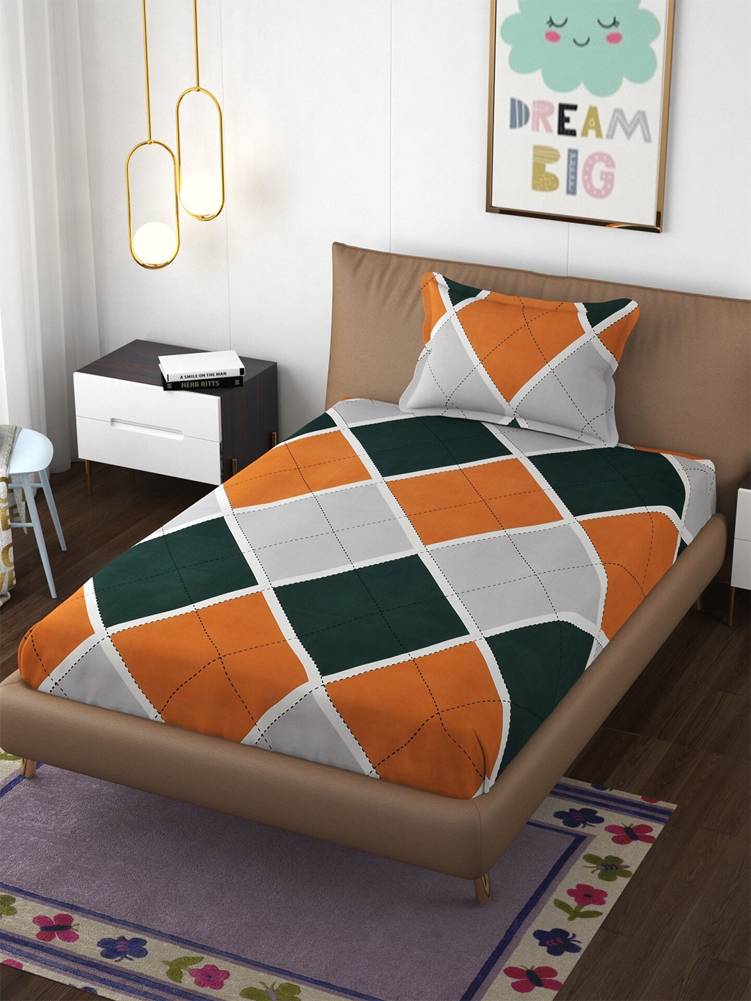 

Molly & Michel Grey & Orange Geometric 210 TC Single Bedsheet with 1 Pillow Covers