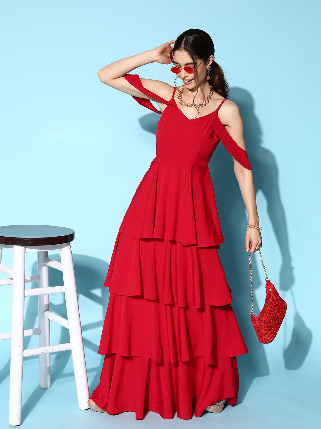 

Berrylush Red Crepe Cold-Shoulder Sleeves Tiered Maxi Dress