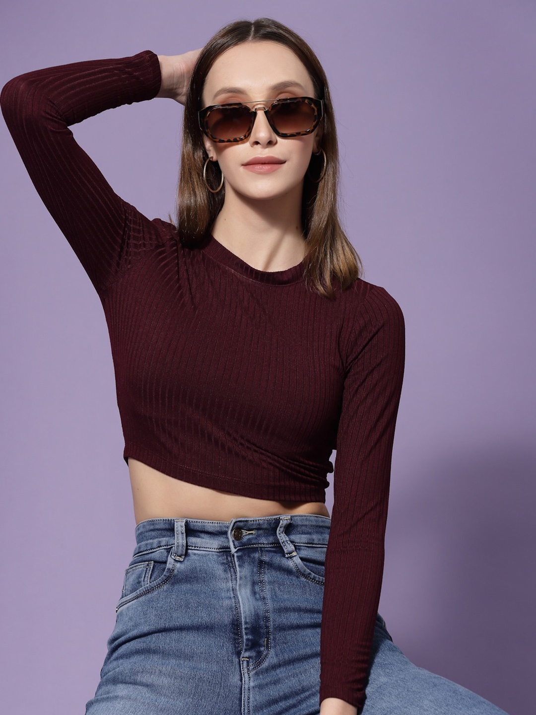 

KASSUALLY Long Sleeves Crop Top, Burgundy