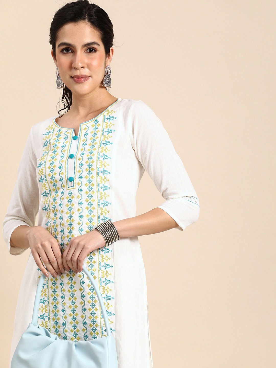 

Sangria Women Ethnic Motifs Embroidered Thread Work Kurta, Green