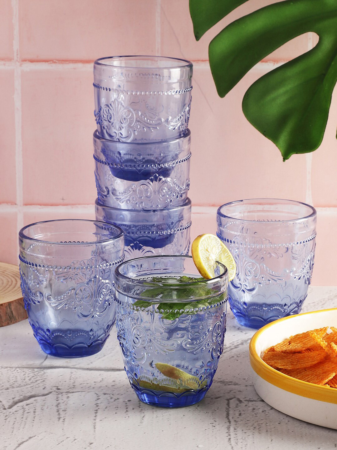 

ceradeco Mughal Shaped Blue Set Of 6 Water Juice Glass 300 ML Each