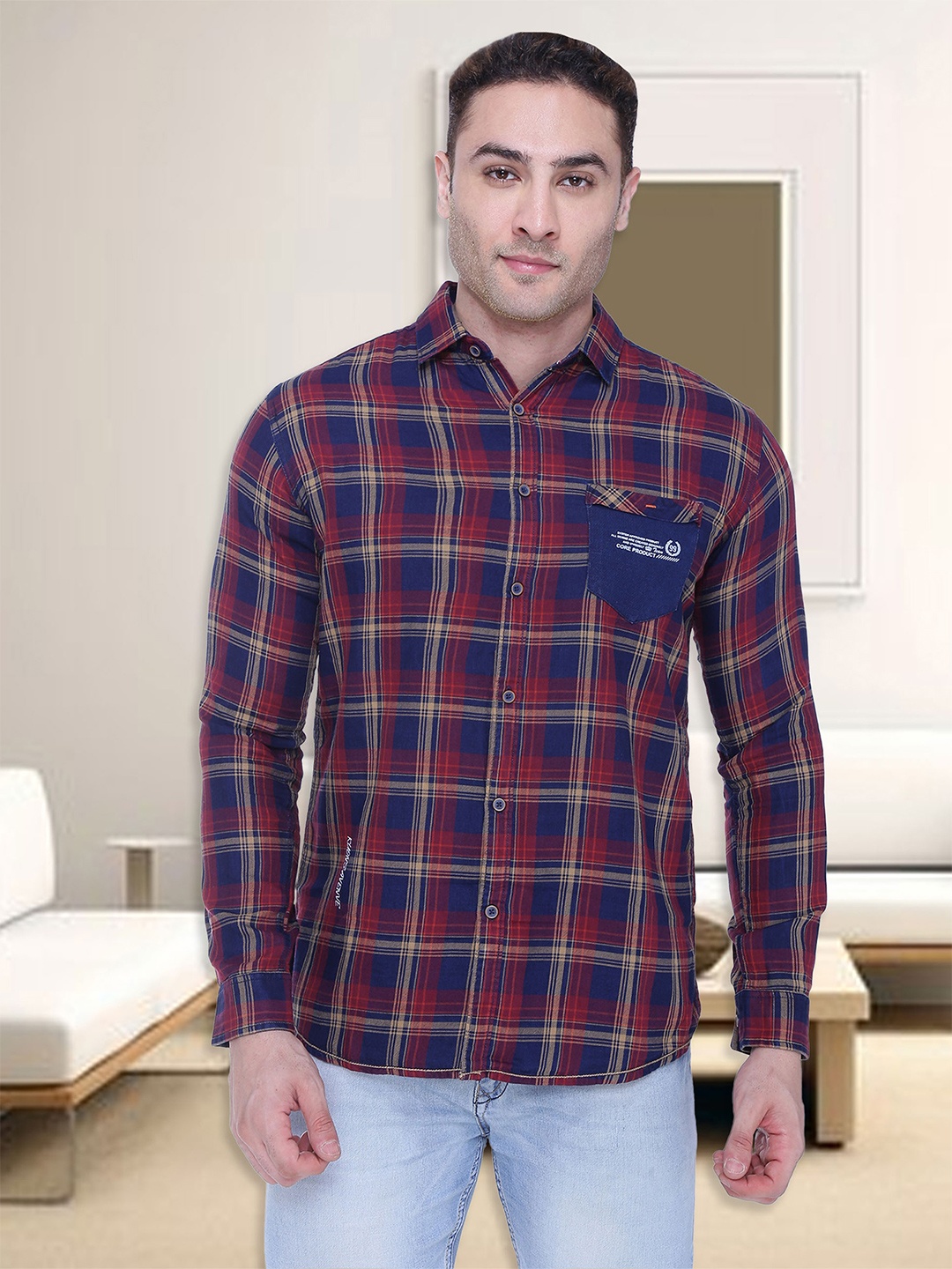 

Kuons Avenue Men Tartan Checked Cotton Smart Slim Fit Casual Shirt, Burgundy