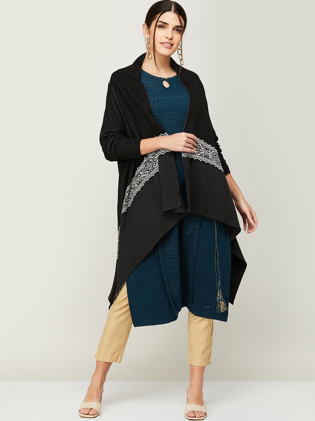 

Melange by Lifestyle Ethnic Printed Longline Shrug, Black