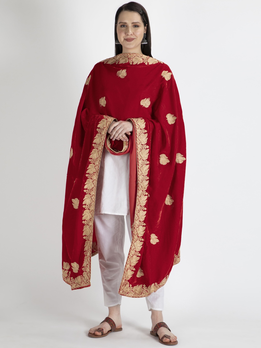 

Moda Chales Women Embroidered Velvet Shawl, Red