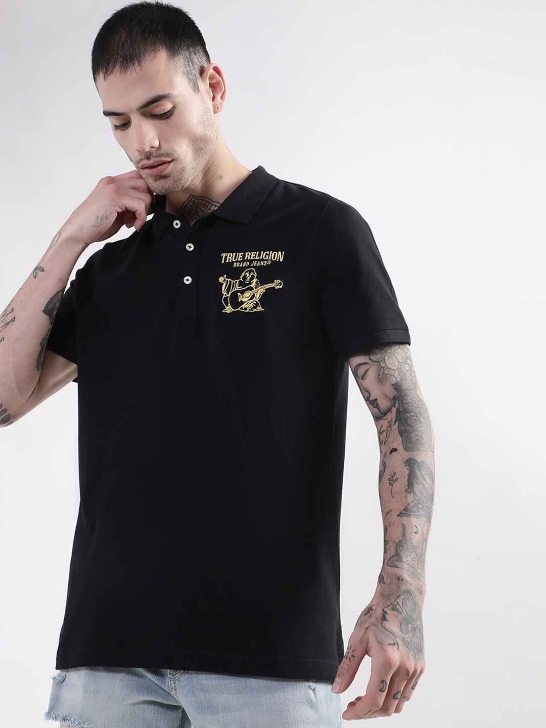 

True Religion Men Black Cotton Polo Collar T-shirt