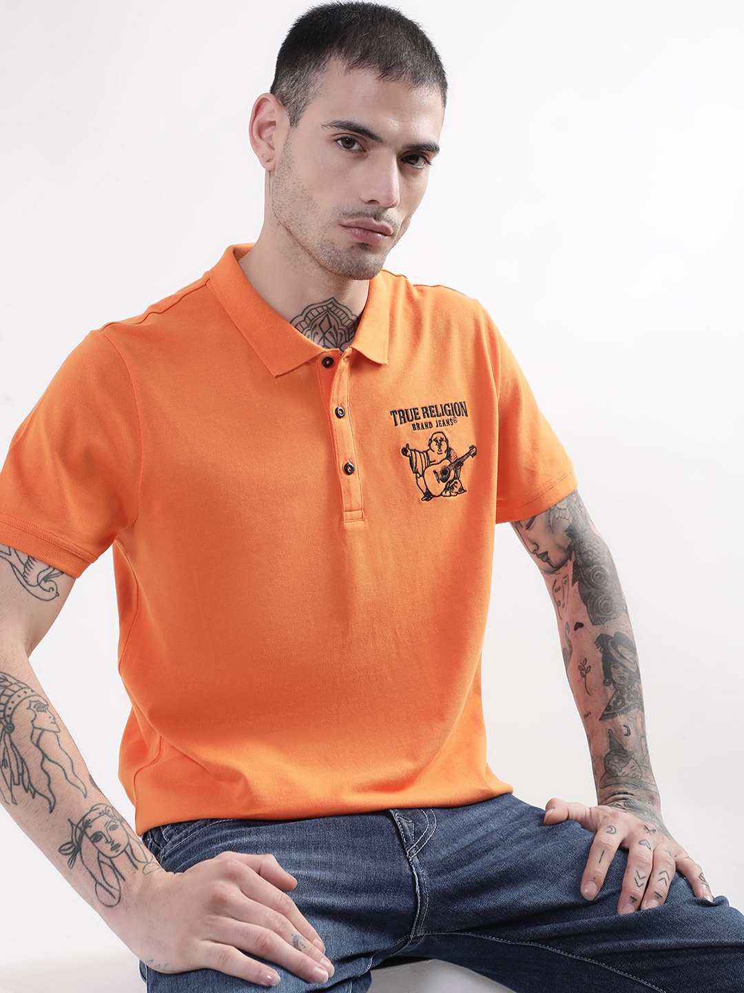 

True Religion Men Pure Cotton Polo Collar T-shirt, Orange