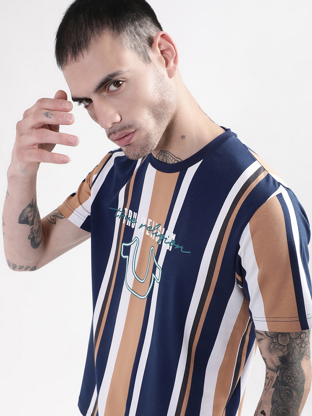 

True Religion Men Navy Blue & Brown Cotton Striped T-shirt