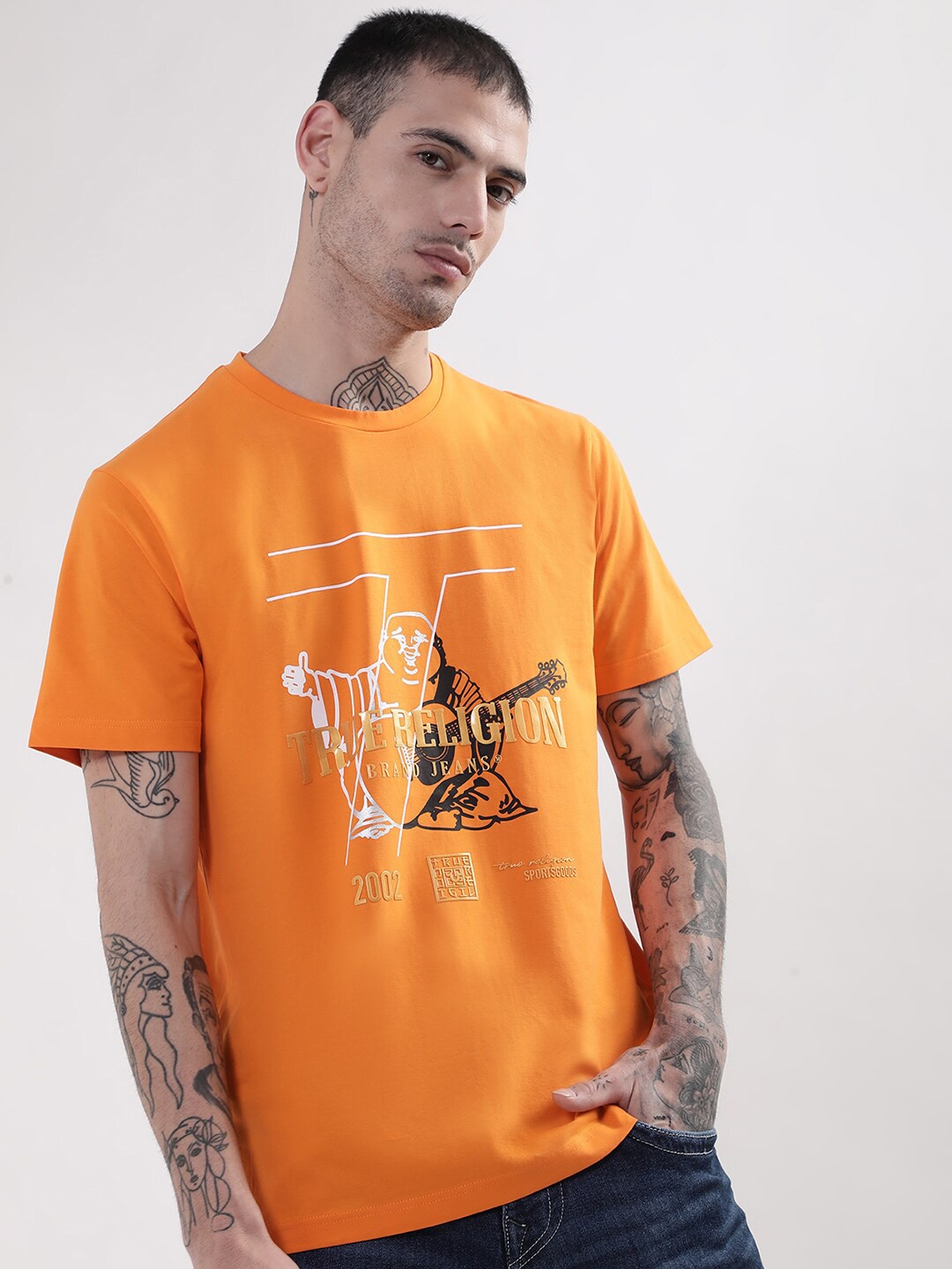 

True Religion Men Orange Cotton Typography Printed T-shirt