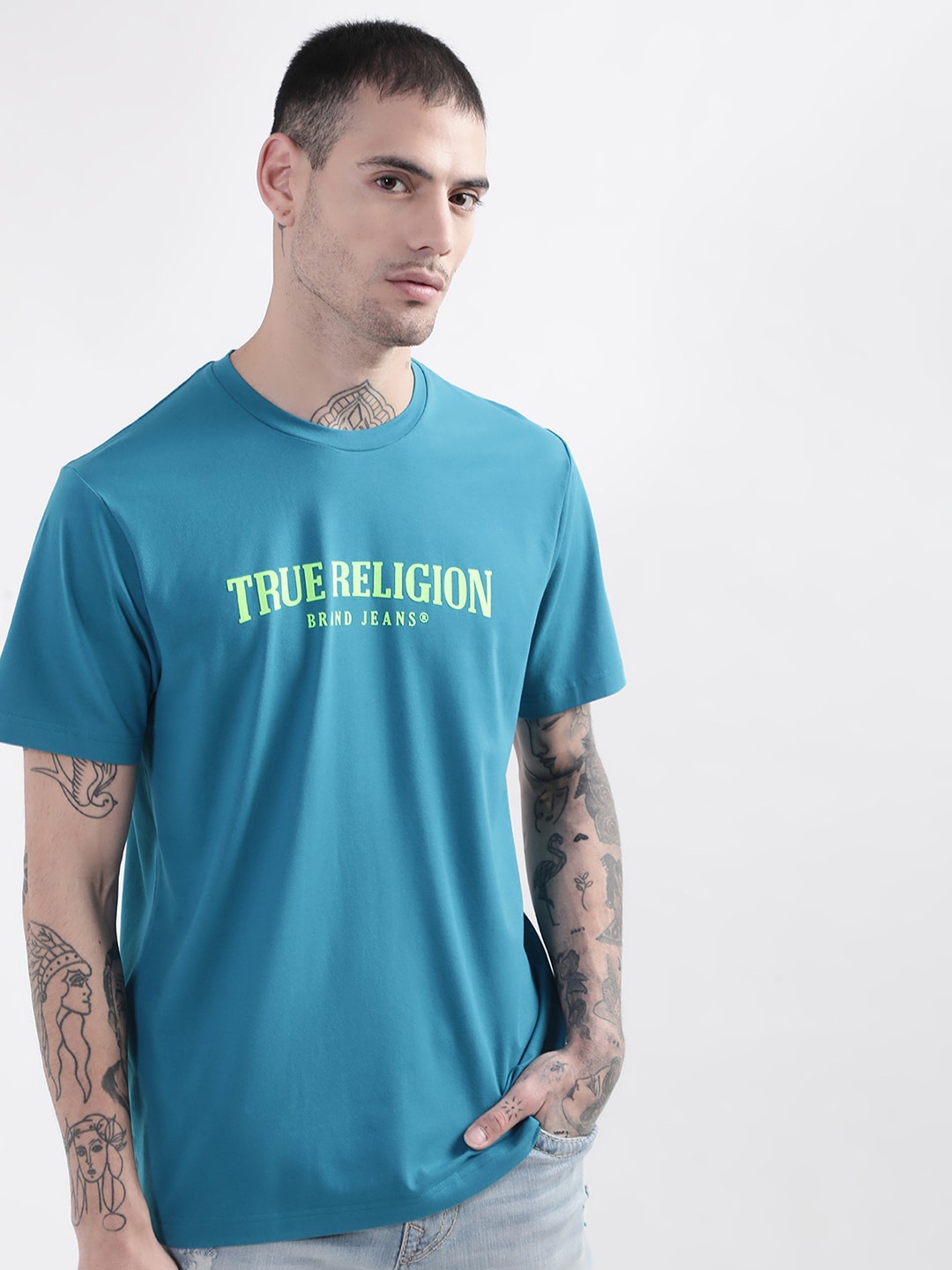 

True Religion Men Teal Cotton Typography Printed T-shirt