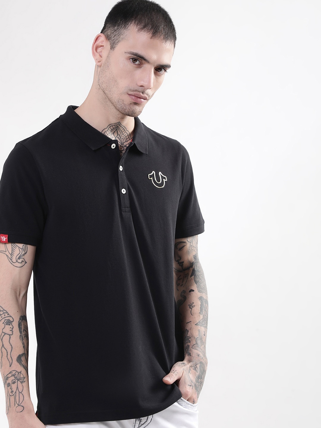 

True Religion Men Black Cotton Polo Collar T-shirt