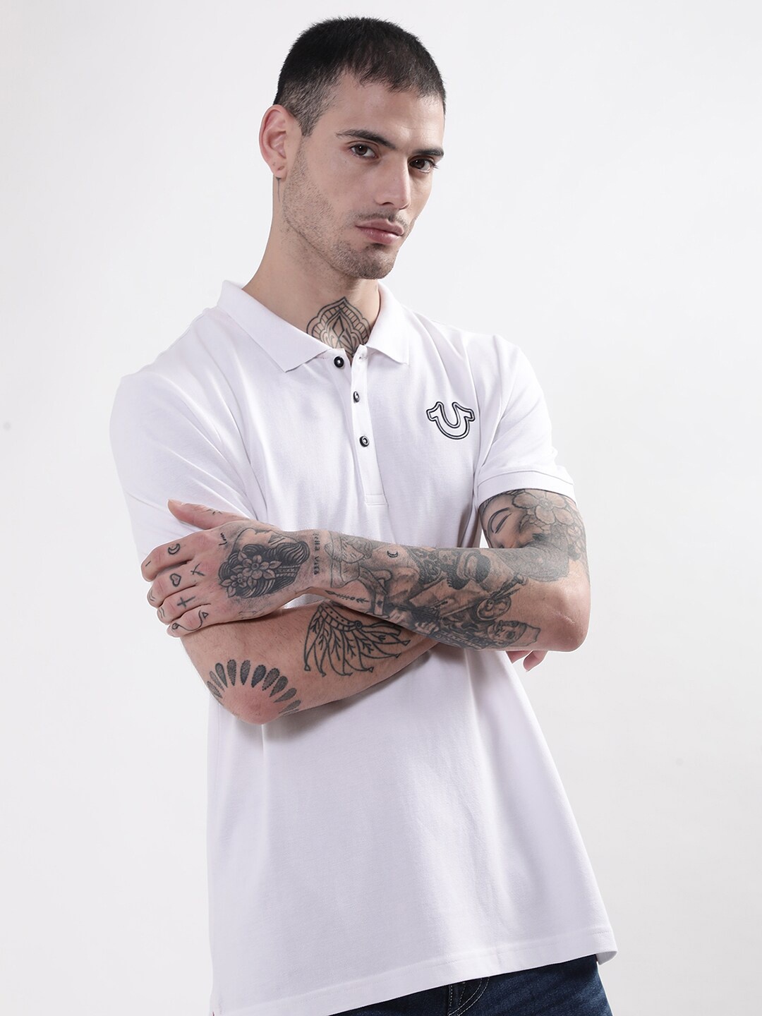 

True Religion Men White Cotton Polo Collar T-shirt