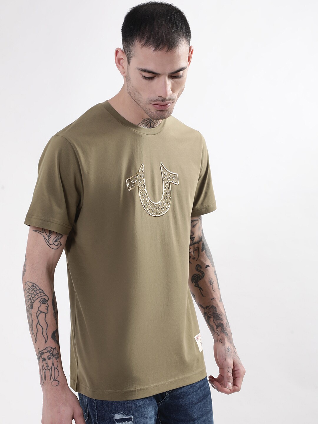 

True Religion Men Olive Green Cotton Printed T-shirt