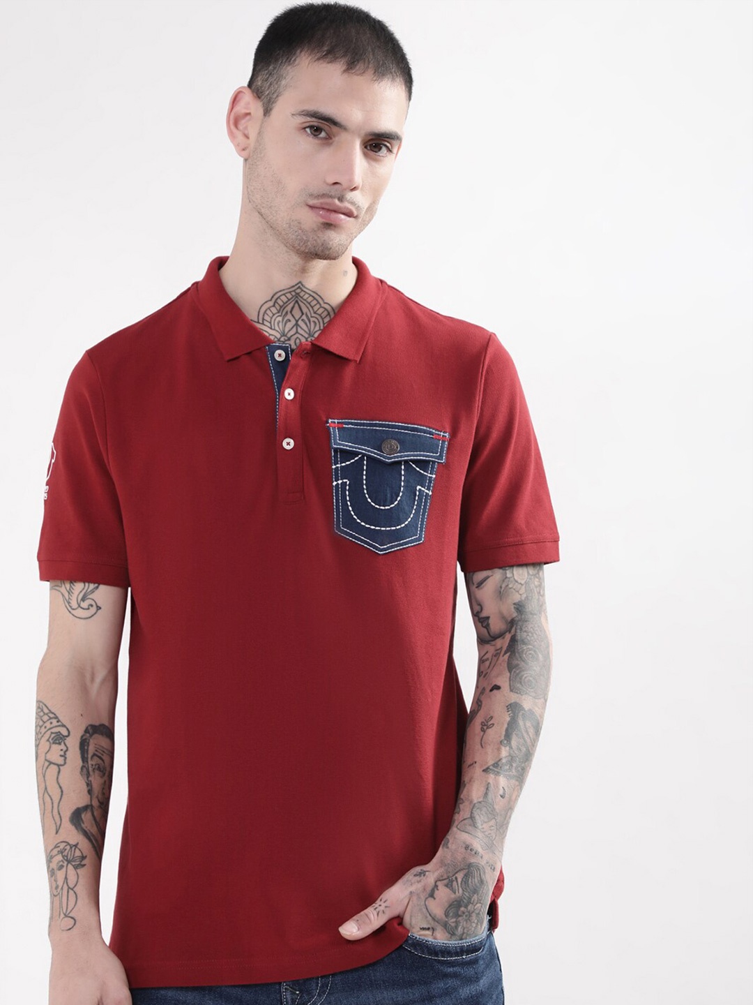 

True Religion Men Maroon Cotton Polo Collar T-shirt