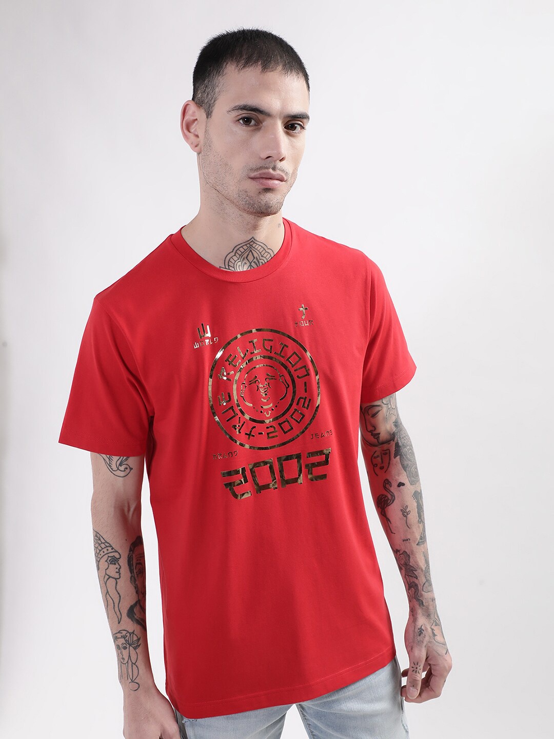 

True Religion Men Red Cotton Typography Printed T-shirt