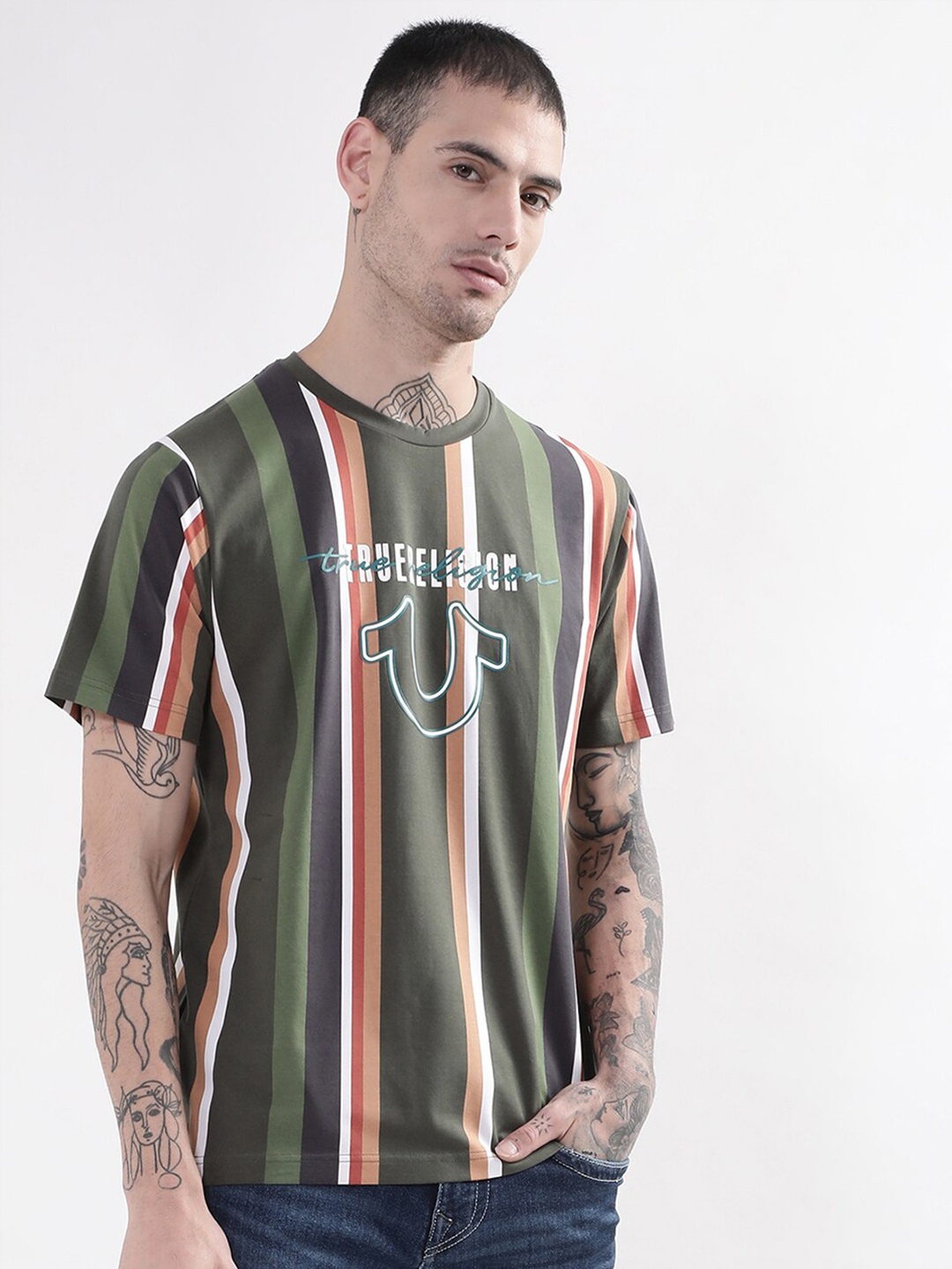

True Religion Men Olive Green Cotton Striped T-shirt