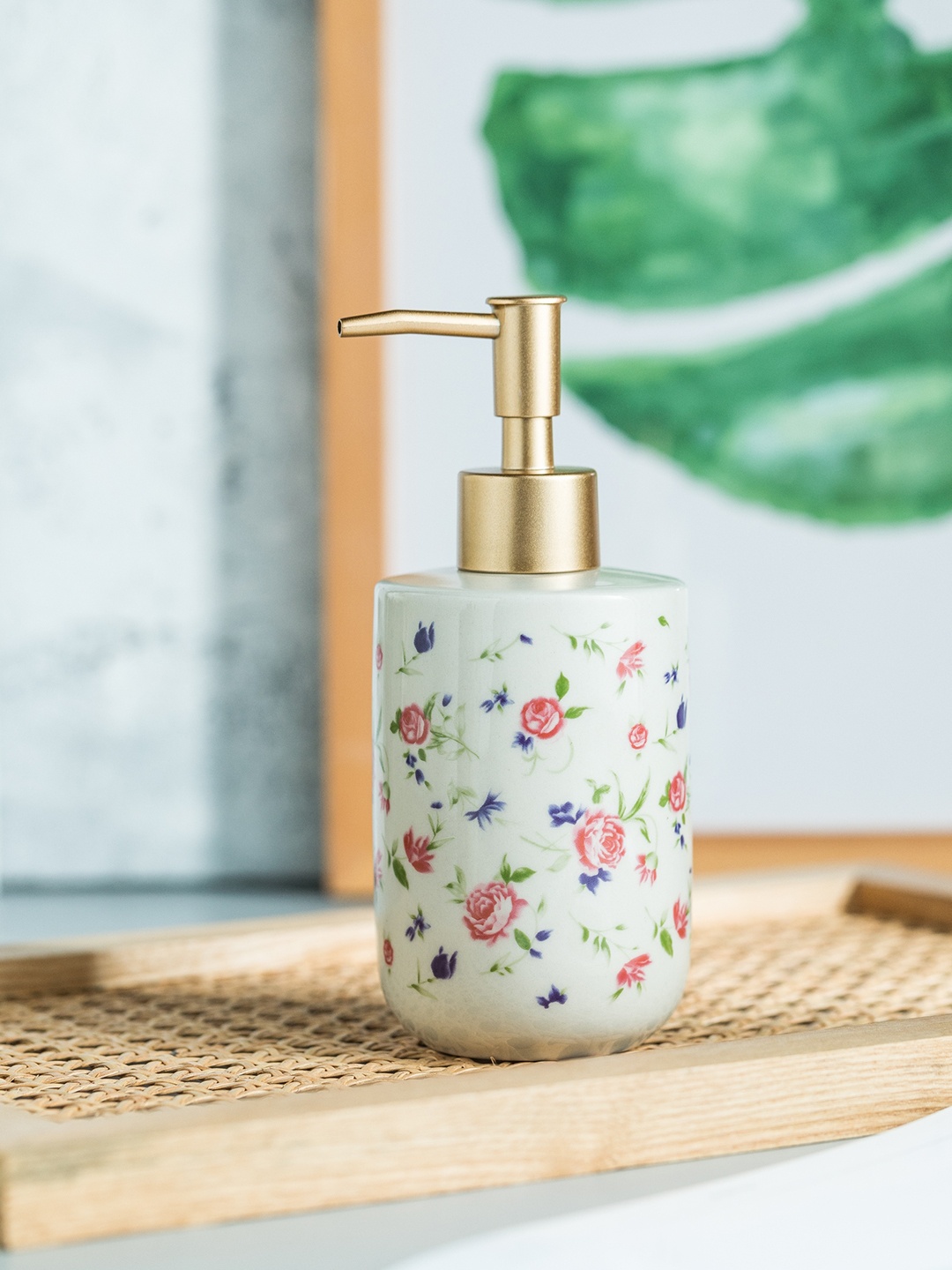 

FabSeasons White & Pink Floral Printed Ceramic Liquid Soap Dispenser 350 ml