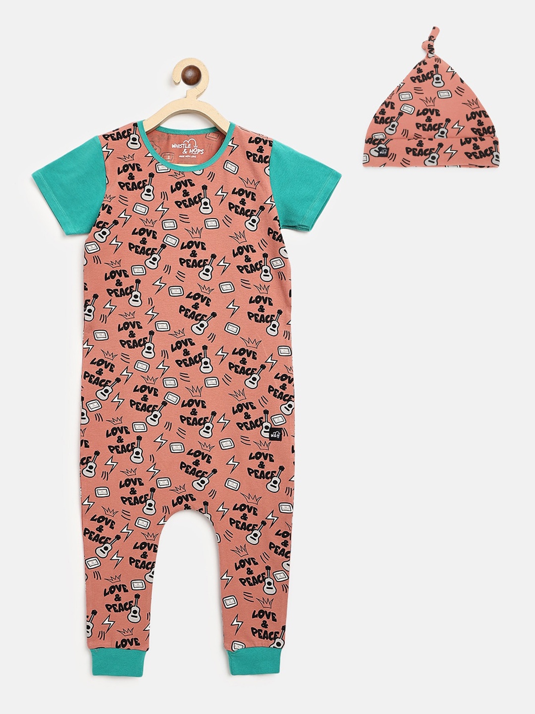

Whistle & Hops Infant Combo of Love & Peace Romper & Beanie, Rust