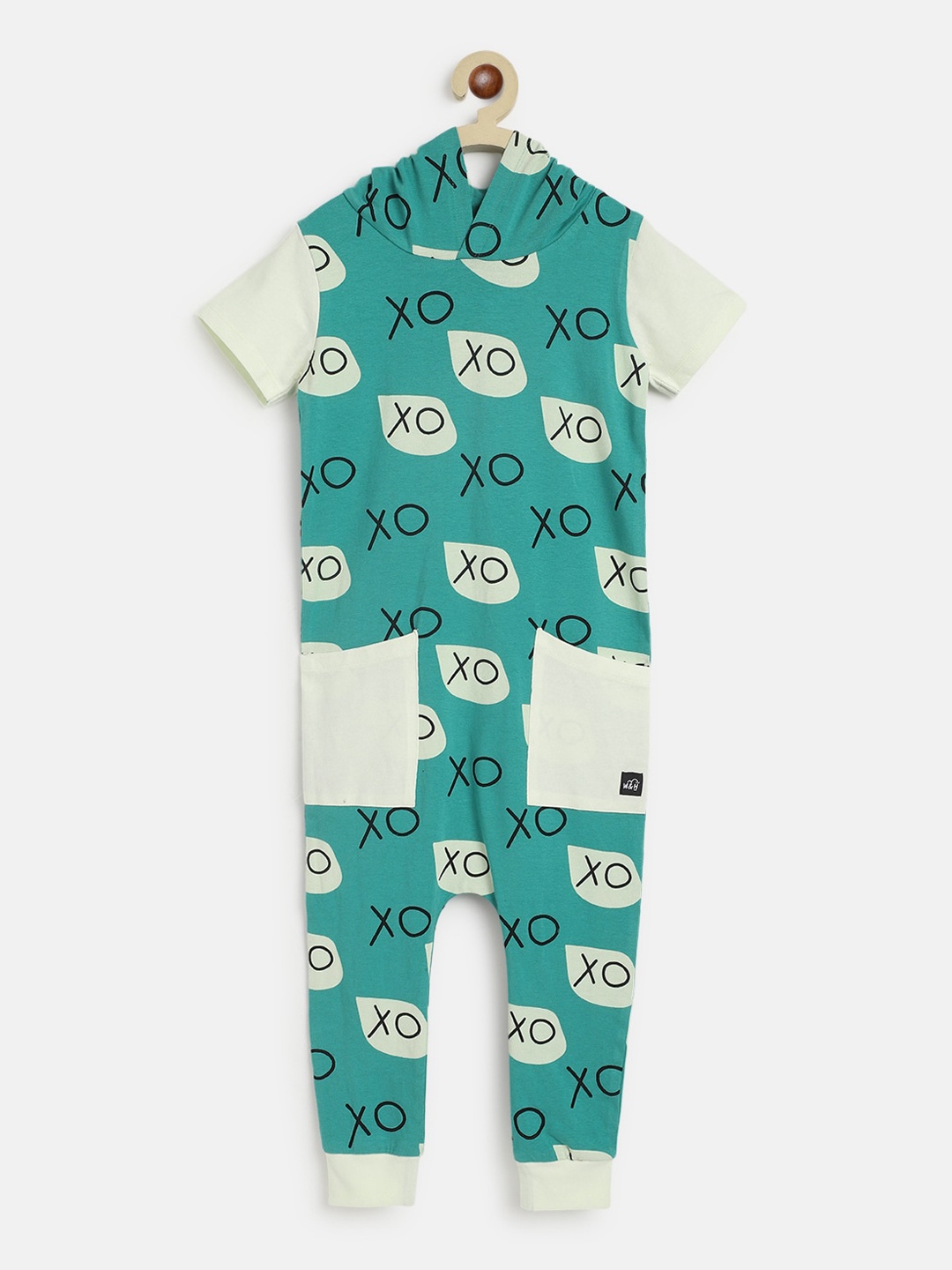 

Whistle & Hops Kids XO Printed Hoodie Romper, Teal