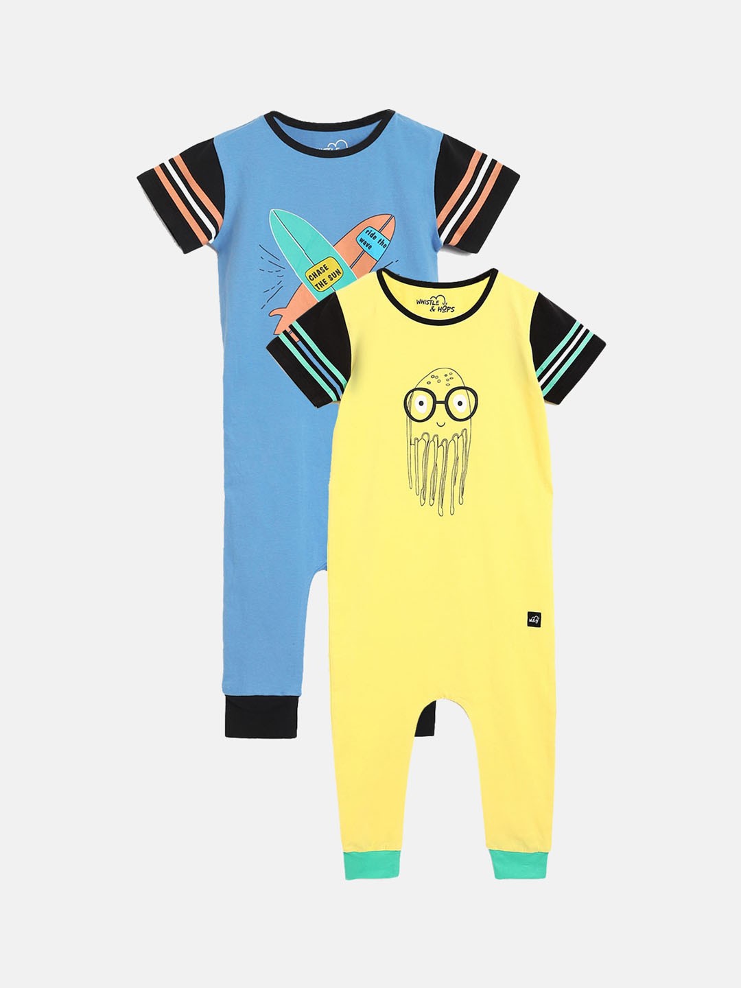 

Whistle & Hops Kids Pack of 2 Surfboard and Jellyfish Half Sleeves Romper, Blue