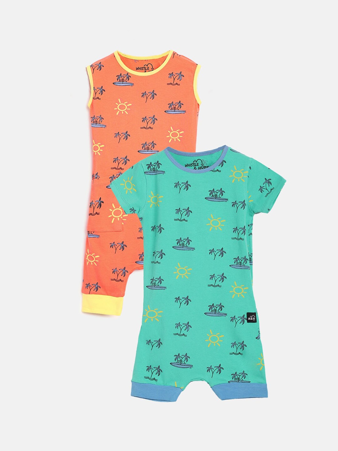 

Whistle & Hops Kids Combo of Aqua & Coral Beach Doodle Beach Romper, Green