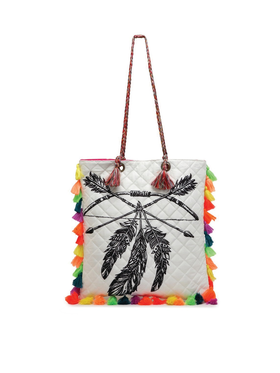 

The House of Tara Printed PU Structured Tote Bag with Tasselled, White