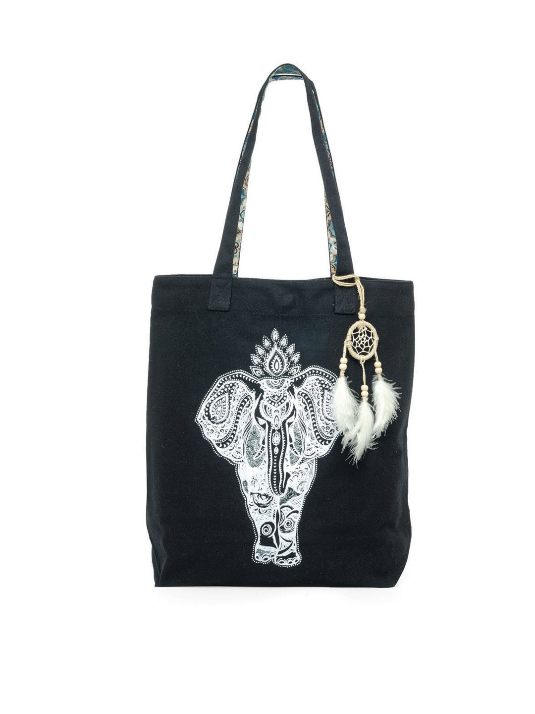 

The House of Tara Printed Regular Structured Tote Bag with Tasselled Detail, Black