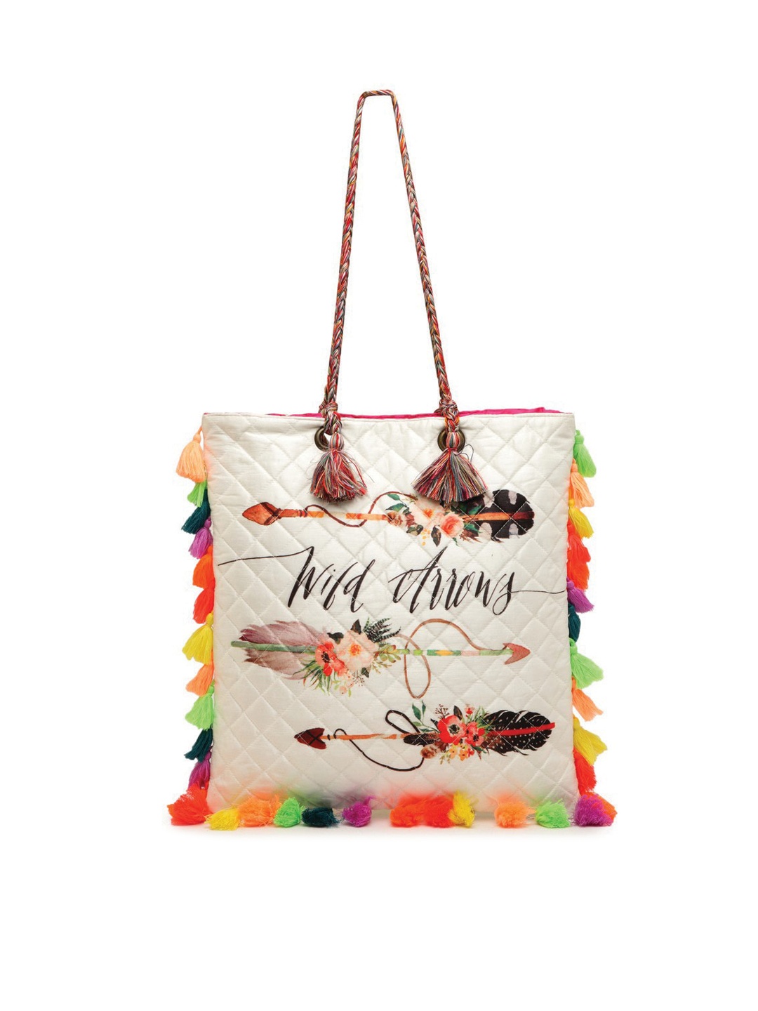 The House of Tara Printed PU Structured Tote Bag with Tasselled, White
