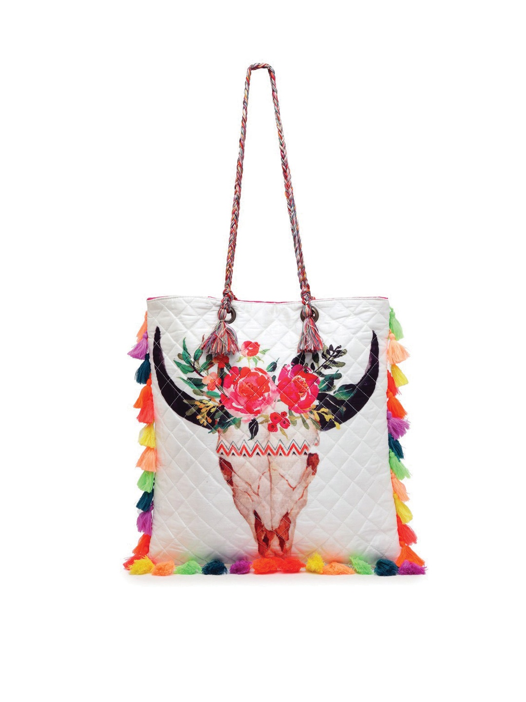 

The House of Tara Printed PU Structured Tote Bag with Quilted, White