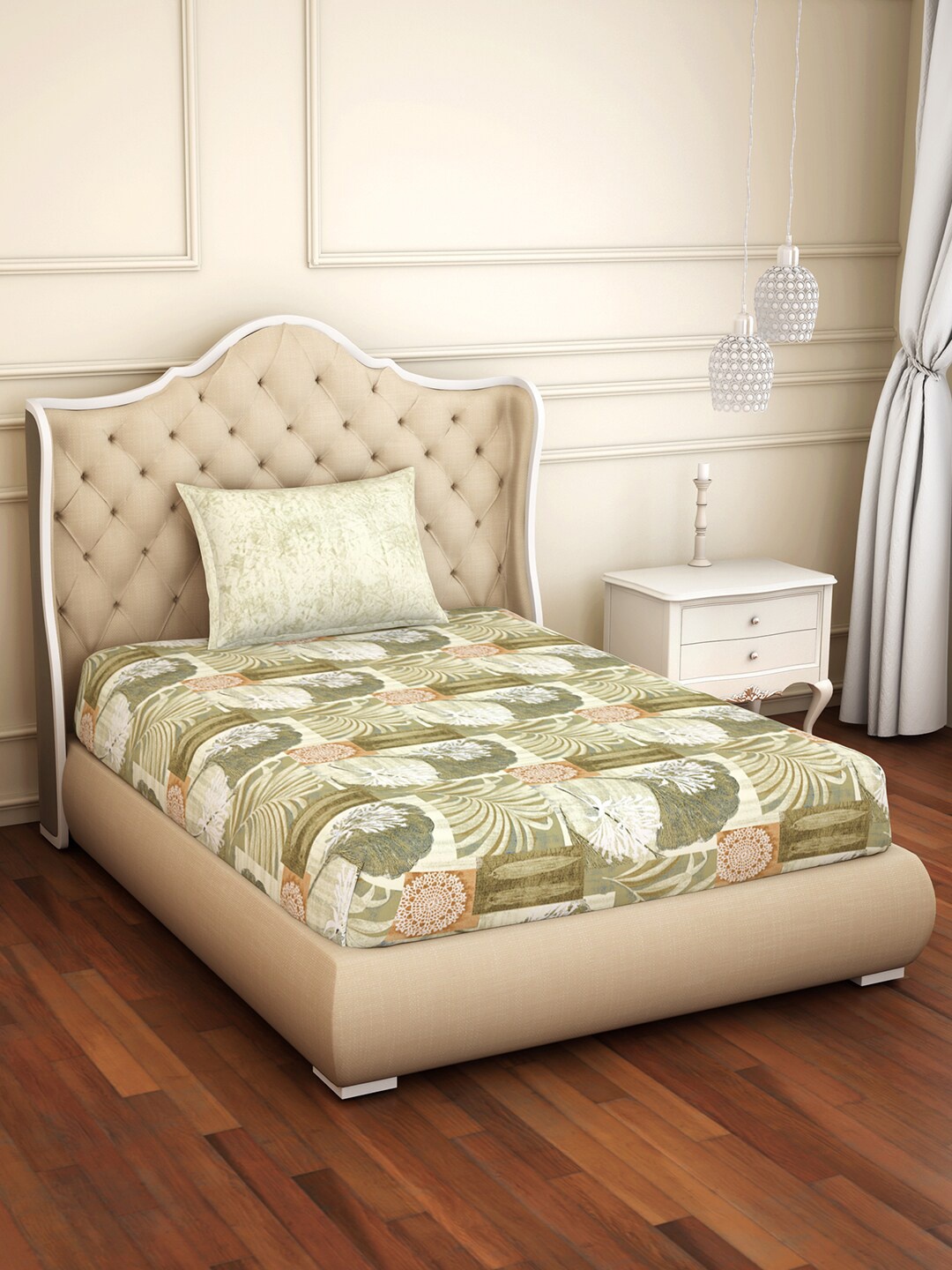 

SPACES Atrium Plus Beige & White Pure Cotton Soft Feel 144 TC Single Bedsheet with 1 Pillow Covers