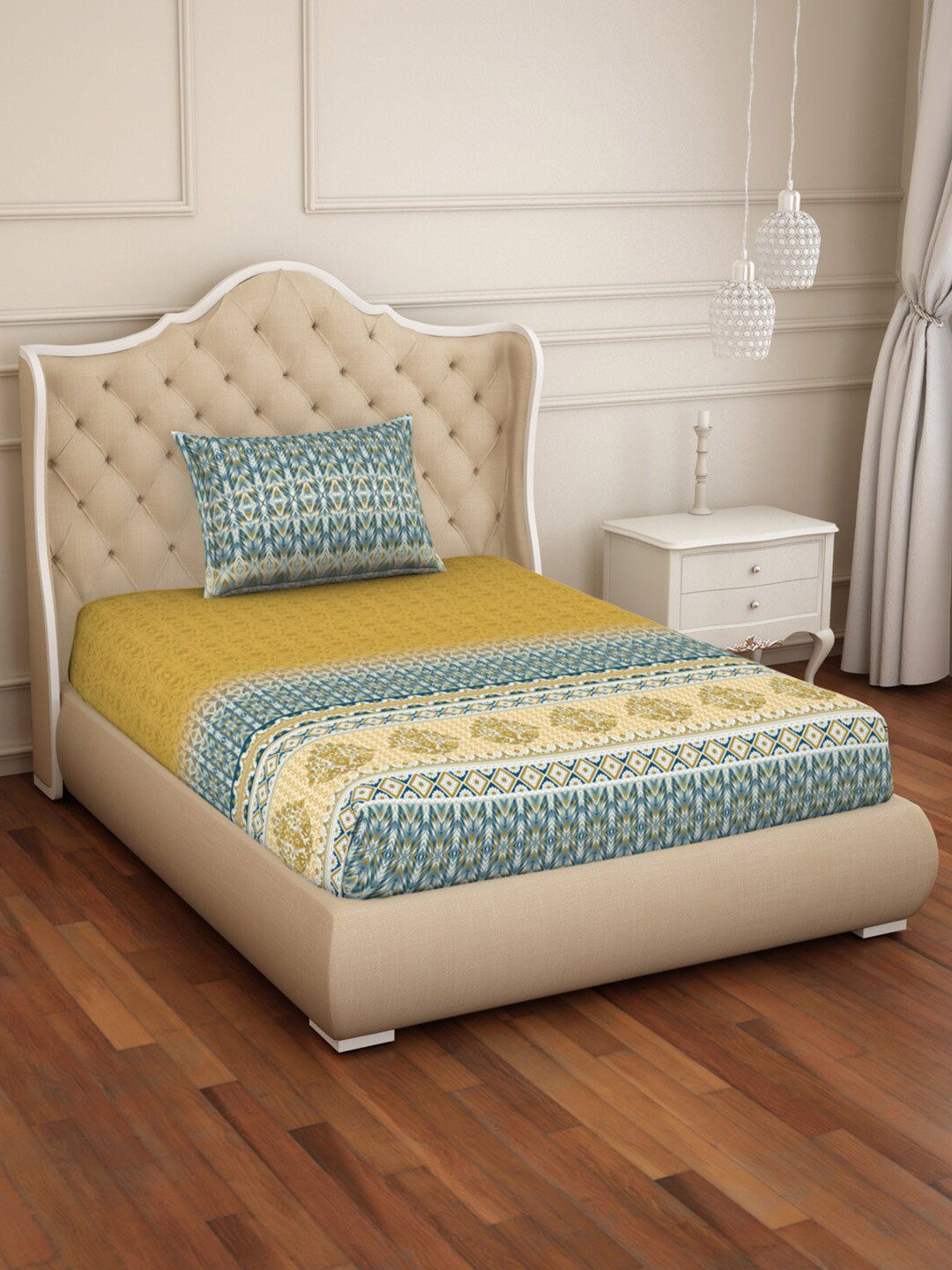 

SPACES Atrium Plus Yellow & White Pure Cotton Soft Feel 210 TC Single Bedsheet with 1 Pillow Covers