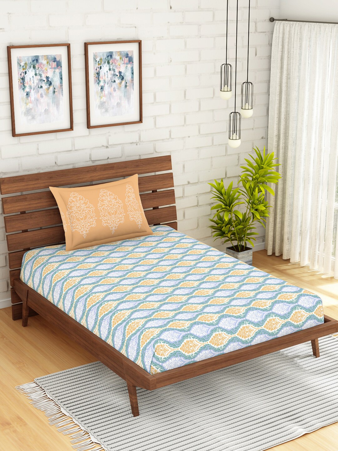 

SPACES Atrium Plus Blue & White Pure Cotton Soft Feel 210 TC Single Bedsheet with 1 Pillow Covers