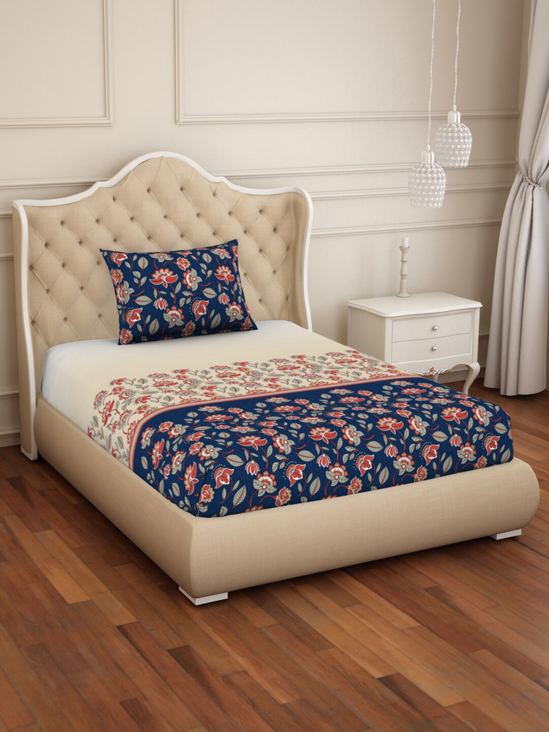 

SPACES Atrium Plus Blue & Beige Pure Cotton Soft Feel 210 TC Single Bedsheet with 1 Pillow Covers
