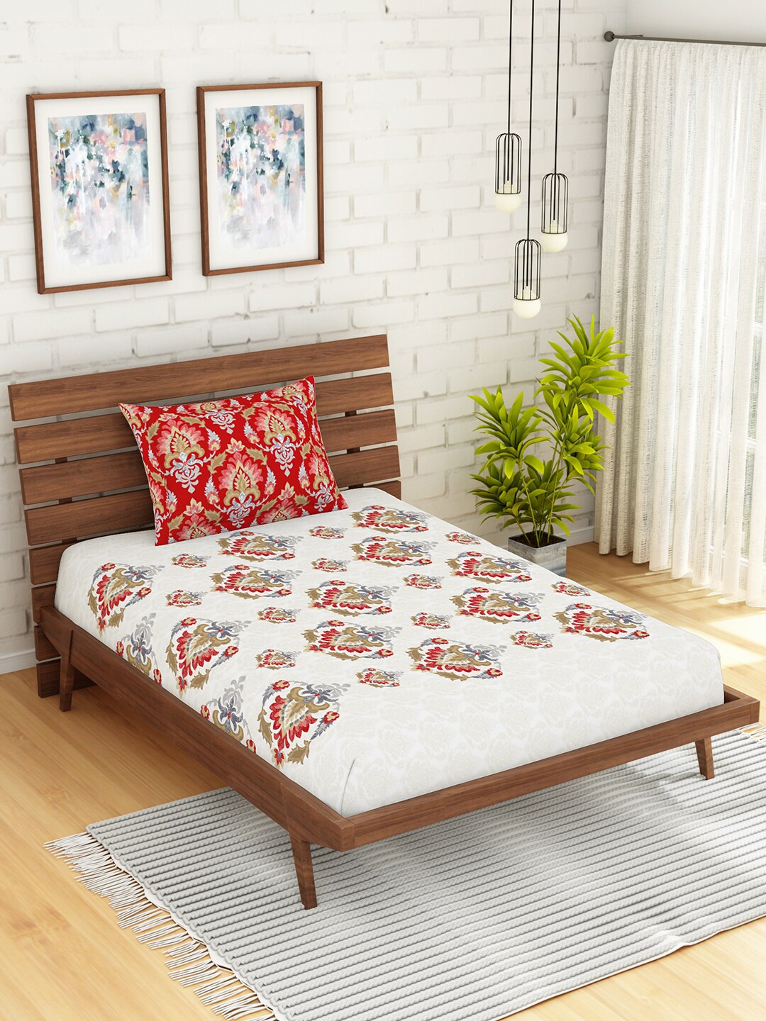 

SPACES White & Brown Geometric 144 TC Single Bedsheet with 1 Pillow Covers