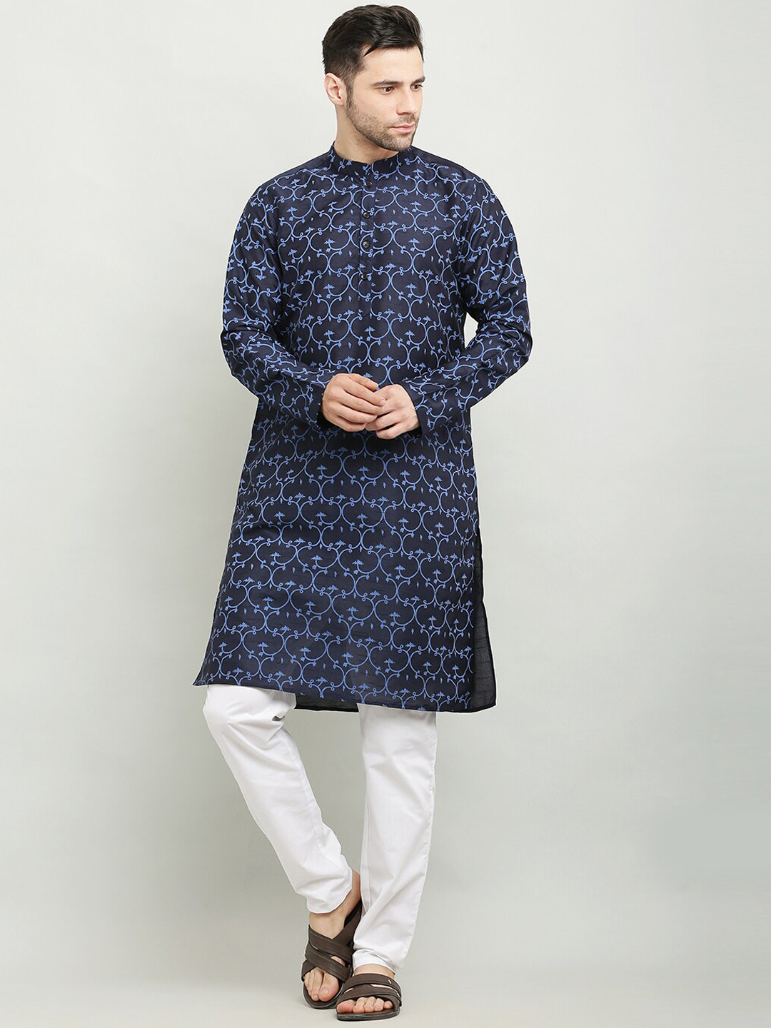 

Waahiba Mandarin Collar Ethnic Motifs Printed Straight Fit Pure Silk Kurta, Navy blue