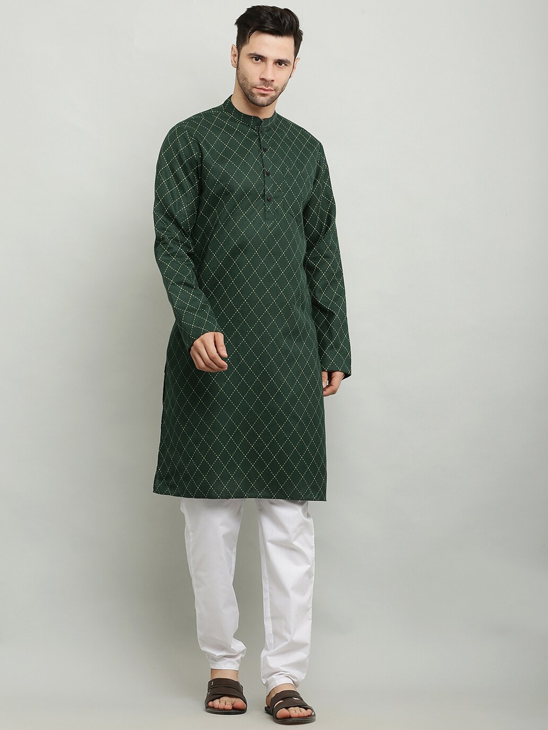 

Waahiba Men Olive Green Geometric Checked Indie Prints Anarkali Kurta