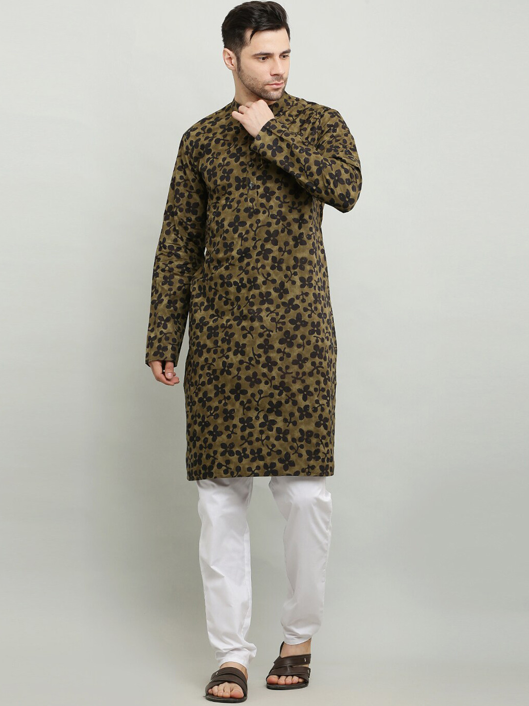 

Waahiba Mandarin Collar Floral Printed Straight Fit Cotton Kurta, Brown