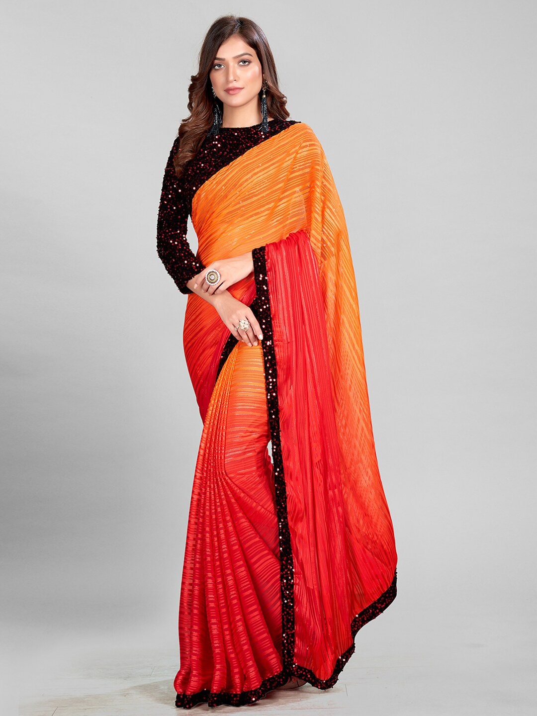 

Granthva Fab Colourblocked Sequinned Silk Blend Saree, Orange