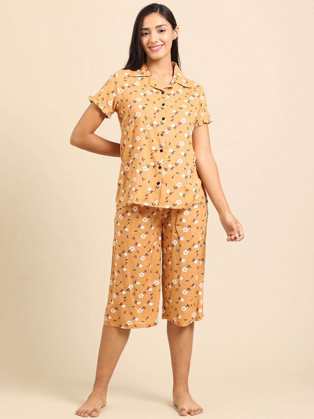 

Katn India Women Printed Night suit, Camel brown