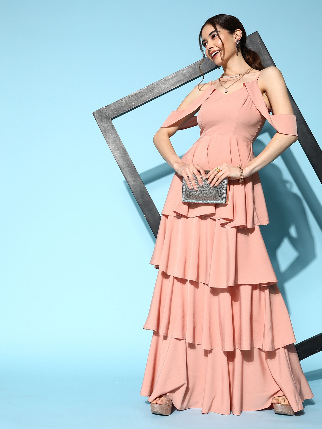 

Berrylush Pink Crepe Cold-Shoulder Sleeves Tiered Maxi Dress