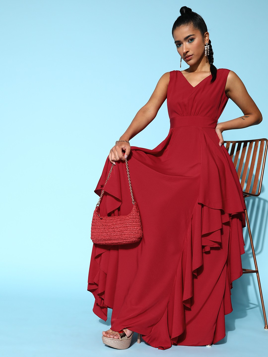 

Berrylush Red Crepe Gown with Ruffles