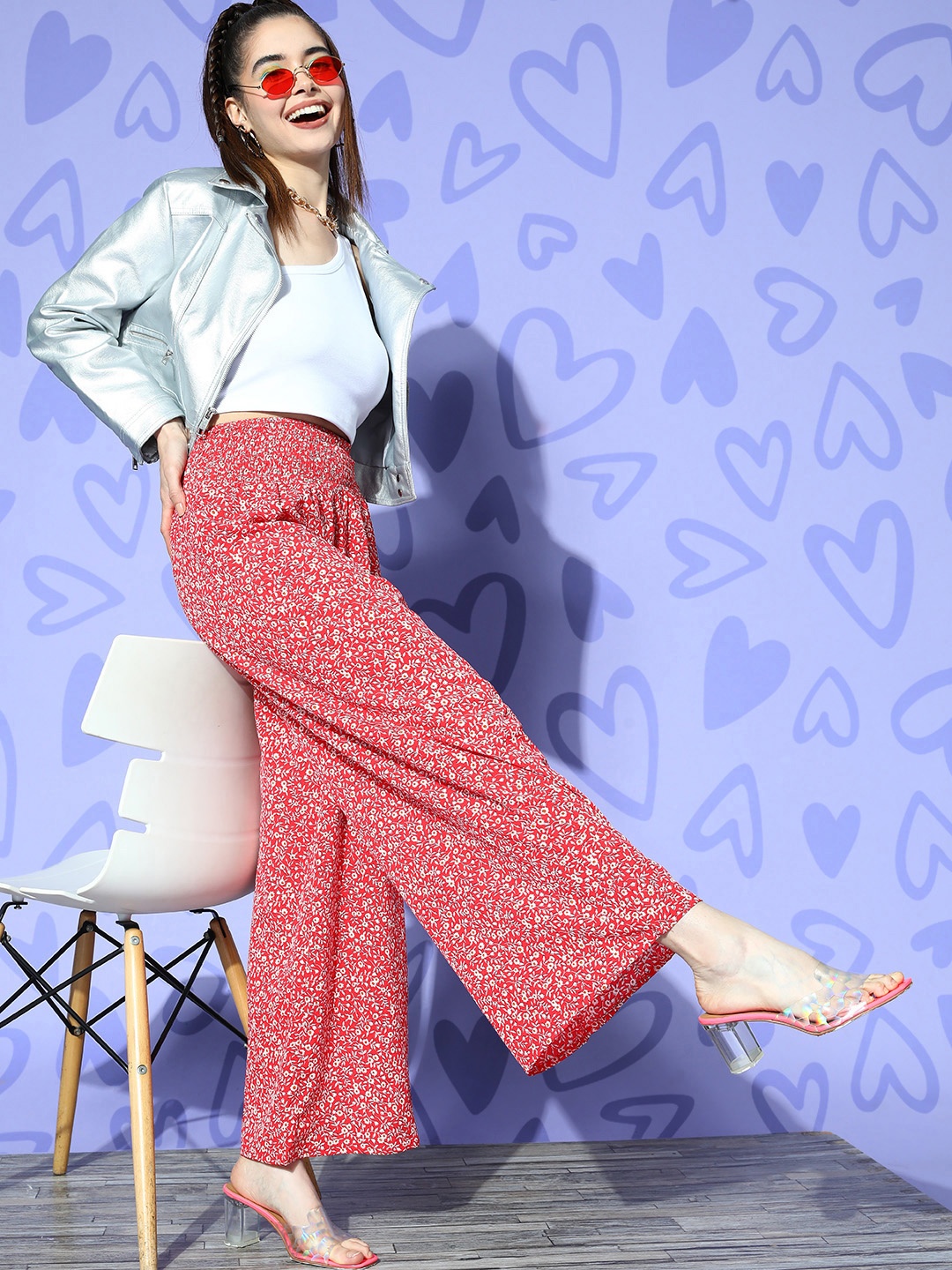 Berrylush Women Red Floral Printed Relaxed High-Rise Trousers